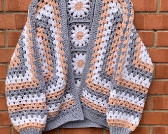 Custom Made-to-Order Crochet Cardigan - Shorter Hip Length - Choose Your Colours & Back Panel Design - Available in sizes XS-3XL