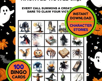 Printable Halloween Bingo Game, Spooky Halloween Bingo, Haunted Howls Edition, 37 Character Stories, 100 Bingo Cards, Halloween History