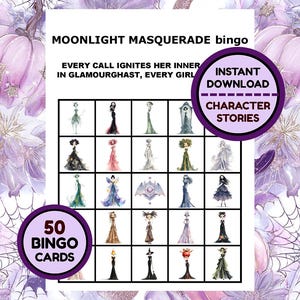 Può includere: Una cartella del gioco del bingo Moonlight Masquerade con uno sfondo floreale viola e bianco. La cartella presenta illustrazioni di donne in abiti, con il testo "Download istantaneo" e "Storie di personaggi". La cartella dice anche "50 cartelle bingo".