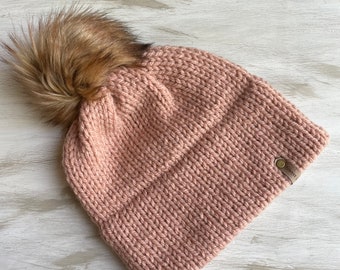 Women’s Light Pink Double-Brim Knit Beanie Hat with Faux Fur Pom