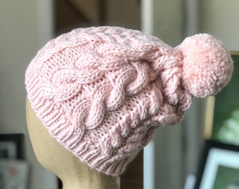 Chunky Bulky Winter Slouchy Cabled Hat  - Pink