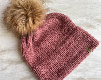 Women’s Dark Pink Double-Brim Knit Beanie Hat with Faux Fur Pom