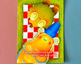Cute Durian and Honey Bear 5x7 Art Print | Kawaii Love and Friendship Wall Decor for Bedroom, Living Room, Kitchen | Gift for Fruit Lovers
