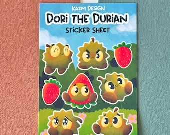 Cute Durian Character Vinyl Sticker Sheets for Waterbottles, Laptops, Notebook, Journal | Waterproof Decals for Southeast Asian Fruit Lovers