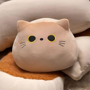 Soft Brown Cuddly Kitten Plush – Round Stuffed Cat Pillow – Adorable Plush Toy for Kids, Baby Gift, and Cozy Companion