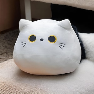 Soft White Cuddly Kitten Plush – Round Stuffed Cat Pillow – Adorable Plush Toy for Kids, Baby Gift, and Cozy Companion