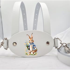 Echtes weißes Leder Kleinkind Sicherheitsgeschirr Gehzügel mit Peter Kaninchen Design BSEN 31210 2004 geprüft