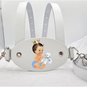 Echtes weißes Leder Kleinkind Sicherheitsgurt Gehzügel kleiner Prinz Baby sitzend mit Teddy BSEN 31210 2004 geprüft