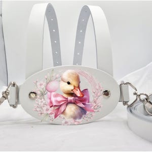 Echtes weißes Leder Kleinkind Sicherheitsgeschirr Gehzügel mit Entlein mit rosa Schleifendesign BSEN 31210 2004 geprüft