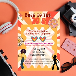 Faire-part de retour dans les années 70 | Rétro invitation groovy | Soirée à thème Années 70 | Cartes de fête disco | Invitation personnalisable des années 70 | Invitation géniale|