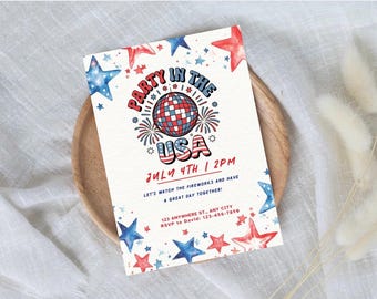 Invitation du 4 juillet 2026 | Invitation à la fête de l'indépendance | 250e anniversaire des États-Unis | Téléchargement numérique modifiable | Modèle rouge blanc bleu