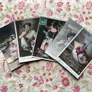 A Collection (N) of Five Antique French Postcards, Happy Easter greetings, ephemera, crafts, scrapbooking, junk journaling, collection.