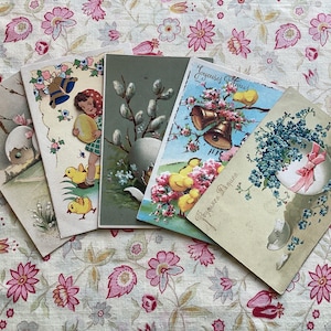 A Collection (V) of Five Antique French Postcards, Happy Easter greetings, ephemera, crafts, scrapbooking, junk journaling, collection.