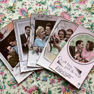 A Collection (E) of Five Antique French Postcards, greetings, ephemera, crafts, scrapbooking, junk journaling, collection,