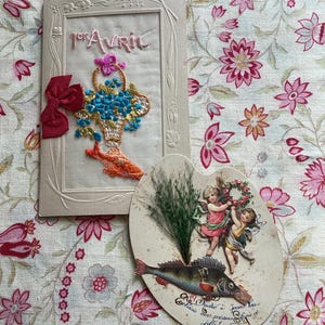 A Collection of Two Antique French Cards, April 1st greetings, ephemera, embroidery, crafts, scrapbooking, junk journaling, collection.