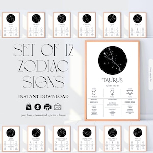 12pc Set Zodiac Print, Zodiac Printable, Zodiac Gifts, Zodiac Sign, Constellation Print, Zodiac Horoscope print, Astrology, Digital Download