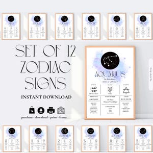 Kompletny zestaw wydruków 12 znaków zodiaku | Cyfrowa sztuka ścienna z horoskopem | Minimalistyczne plakaty astrologiczne | Wydrukowana dekoracja zodiaku | Pomysł na prezent duchowy