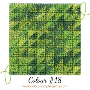 May include: A close-up of a green and yellow cross-stitch pattern. The pattern is made up of small squares, and the colors are arranged in a diagonal pattern. The text "Colour #18" and "www.colourcomplements.com" is at the bottom of the image.