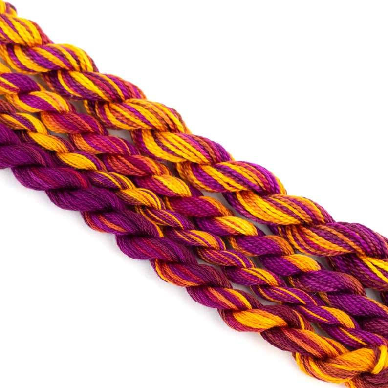 May include: Three strands of embroidery floss in shades of orange, yellow, and purple. The floss is twisted together and has a variegated pattern.