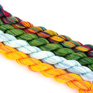 May include: Four skeins of embroidery floss in different colors. The skeins are arranged in a row, with the top skein being a mix of red, orange, yellow, and green. The second skein is a dark green, the third is a light blue, and the bottom skein is a bright orange.