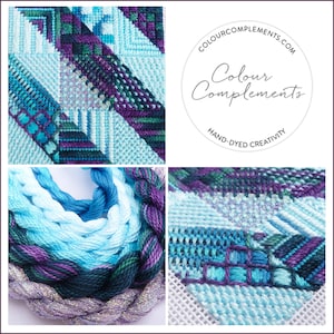 May include: A collage of needlepoint and embroidery supplies. The image features close-ups of finished needlepoint pieces in shades of blue and purple, along with skeins of colorful embroidery floss. The text "Colour Complements" is visible.