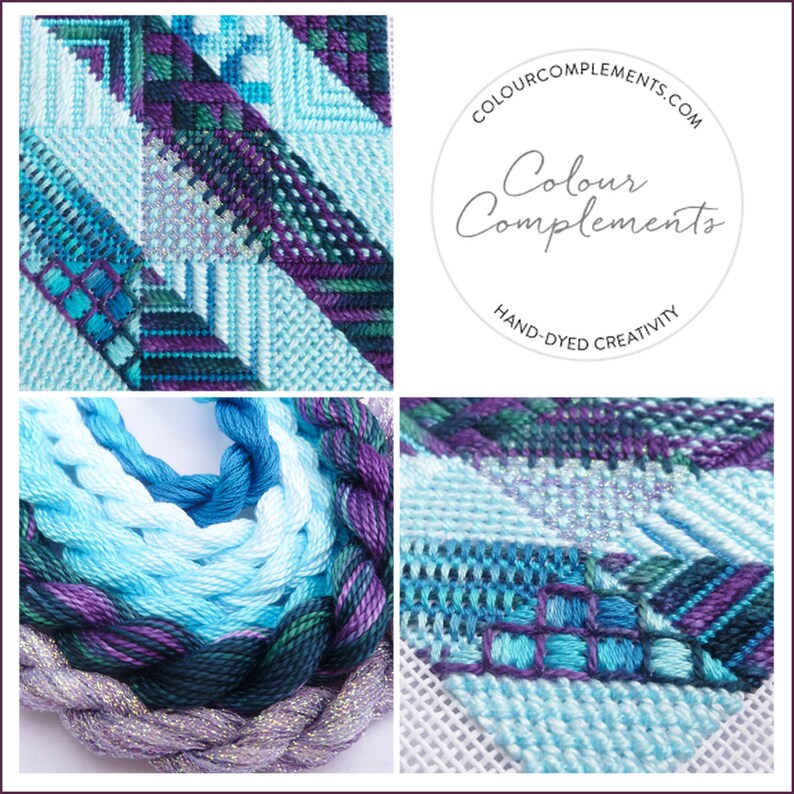 May include: A collage of needlepoint and embroidery supplies. The image features close-ups of finished needlepoint pieces in shades of blue and purple, along with skeins of colorful embroidery floss. The text "Colour Complements" is visible.