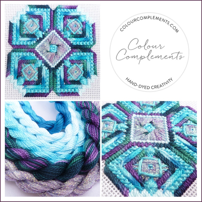 May include: A square needlepoint design in shades of teal, turquoise, and purple, with a central square and four surrounding squares. The image also shows a close-up of the threads used, and the Colour Complements logo.