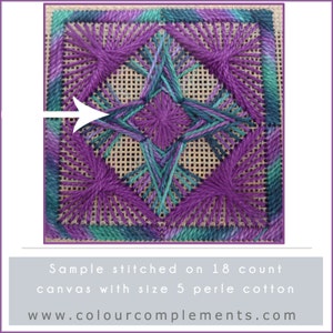 May include: A square needlepoint design featuring a geometric pattern in shades of purple, teal, and green. The design is stitched on a beige canvas. The text at the bottom reads "Sample stitched on 18 count canvas with size 5 perle cotton".