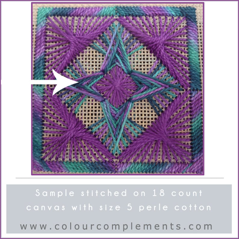 May include: A square needlepoint design featuring a geometric pattern in shades of purple, teal, and green. The design is stitched on a beige canvas. The text at the bottom reads "Sample stitched on 18 count canvas with size 5 perle cotton".