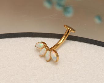 Piercing para ombligo flotante de ópalo dorado G23, joyería para el ombligo, rosca interna de 14 g, barra curva para el ombligo.