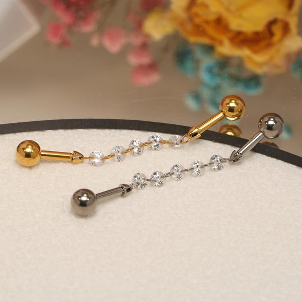 Barra industrial con cadena de circonita, joyería para piercing industrial de 14 g, acero quirúrgico con circonita cúbica, joyería para piercing corporal de 38 mm.