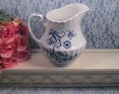 Vintage Blue Nordic Onion J G Meakin Jug Pitcher, 40 Ounce 7 Inch Size, Made in England, Hard to Find Size, Mid Century Ironstone Dinnerware