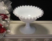 Vintage Fenton Glass Silver Crest Footed Candy Compote, 1950s Elegant Depression Glass, White Milk Glass, Home Decor, Glass Dinnerware