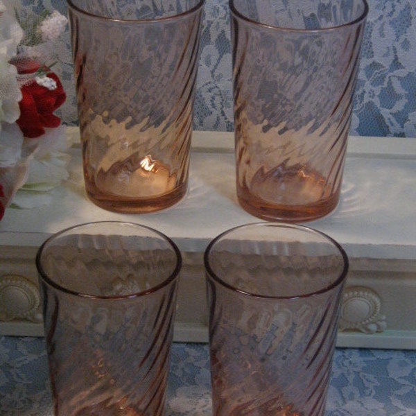 Vintage Arcoroc France Rosaline Pink Swirl Water Ice Tea Tumbler Glass, Set of Four, Mid Century Dinnerware, Pink Blush, Pink Depression