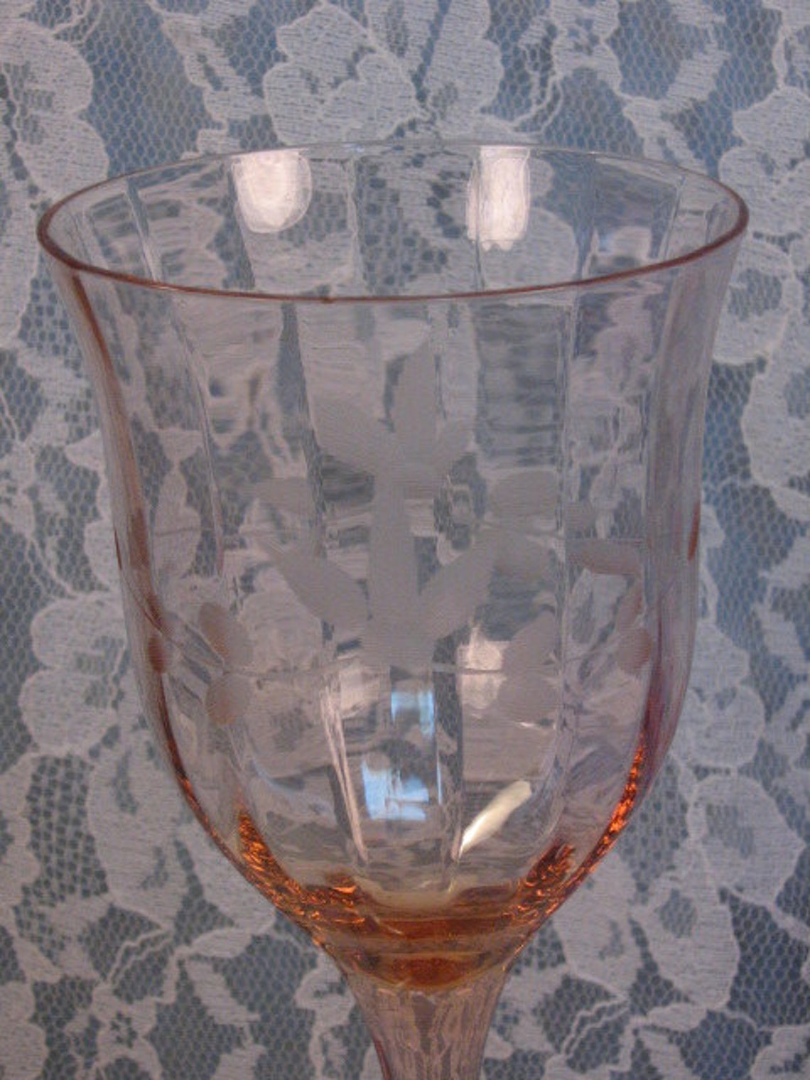 Vintage Pink Depression Glass Etched Floral Stemmed Wine Glass Etsy