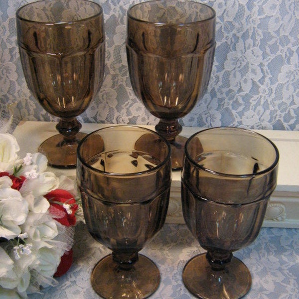 Vintage Libbey Gibraltar Brown Footed Ice Tea or Water Glasses or Tumblers, Set of Four, Vintage Kitchen Glass or Barware, 1990s Glass