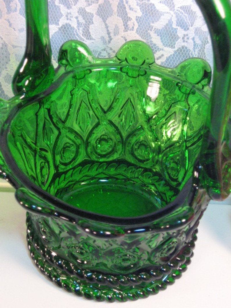 Vintage Elegant Art Glass Green Floral Pattern Basket ...