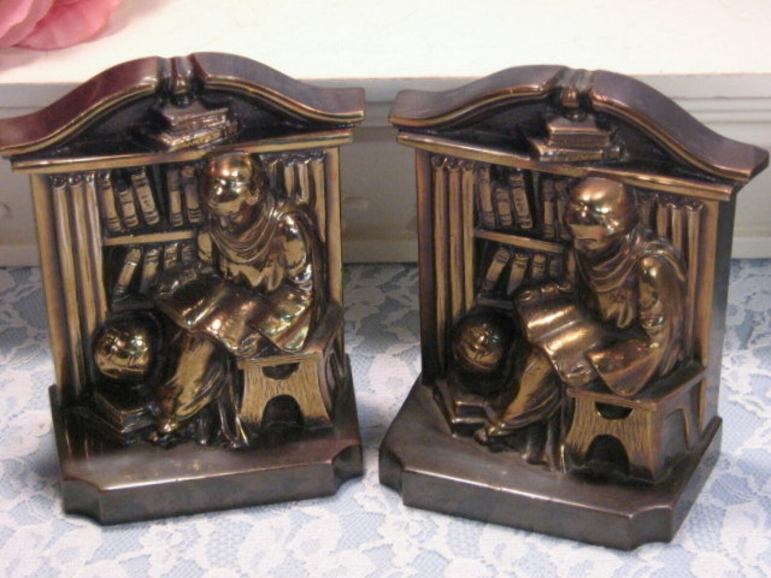 Vintage Antique Bronze Bookends Monk Reading in Library PM Etsy