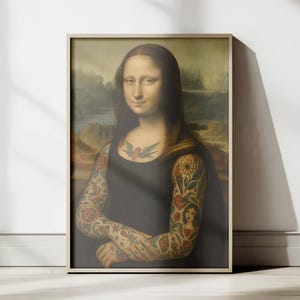 Mona Lisa with tattoos, Funny poster, Quirky wall art, Tattoo flash, Traditional tattoo, tattoo artist gifts, Eclectic wall art, Altered art