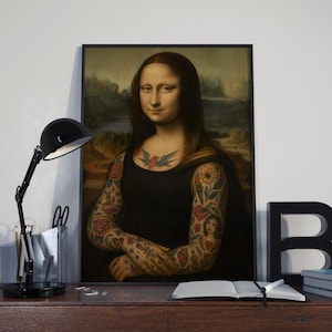 Mona Lisa with tattoos, Funny poster, Quirky wall art, Tattoo flash, Traditional tattoo, tattoo artist gifts, Eclectic wall art, Altered art