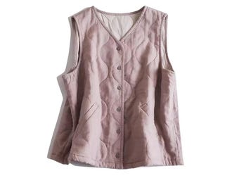 Minimalistisch Japans gewatteerd vest voor dames, 100% linnen, V-hals, gewatteerd, mouwloos, ideaal om te combineren met andere kledingstukken.