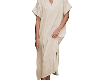 Cotton Gauze Kaftan Dress: Beige V-Neck Loungewear