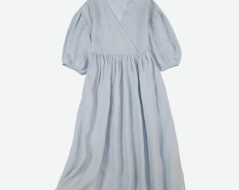 Linen Puff Sleeve Wrap Dress – Vintage Boho Midi Dress