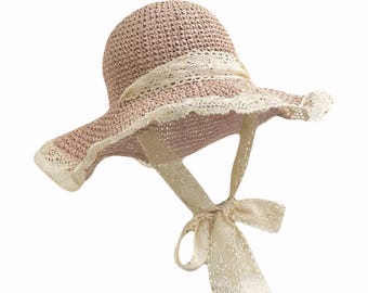 Vntage Woven straw hat featuring lace brim edging, ribbon details ANTIQUE 1830 main image 4