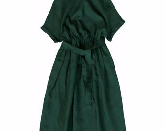 Linen Belted Midi Dress: Short Sleeve Summer Sundress with Pockets