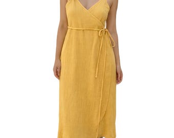 Vestido midi de gasa de algodón, vestido veraniego cruzado sin mangas, vestido de verano sin espalda