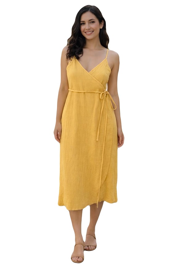 Cotton Gauze Midi Dress, Sleeveless Wrap Sundress, Backless Summer Dress