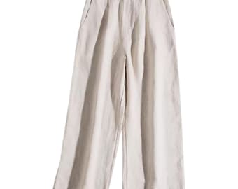 Pantalón capri de lino de pierna ancha / Estilo minimalista japonés