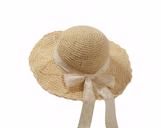 Handmade Lace Bow Straw Sun Hat: Japanese Style Wide Brim Beach Hat for Women