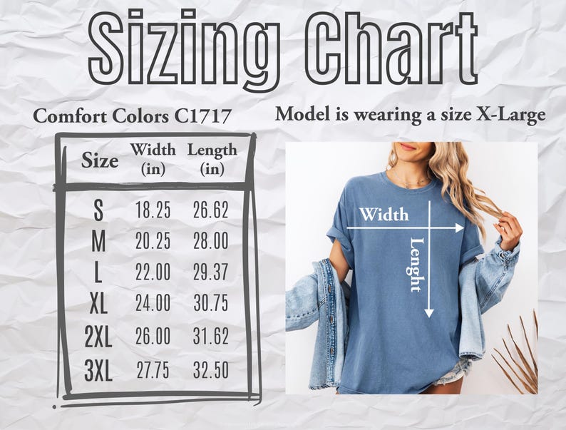 K&ouml;nnte beinhalten: Gr&ouml;&szlig;entabelle f&uuml;r Comfort Colors C1717 T-Shirts. Die Tabelle zeigt die Ma&szlig;e in cm f&uuml;r die Gr&ouml;&szlig;en S bis 3XL. Das Model tr&auml;gt Gr&ouml;&szlig;e X-Large. Die Tabelle enth&auml;lt Breiten- und L&auml;ngenma&szlig;e f&uuml;r jede Gr&ouml;&szlig;e.